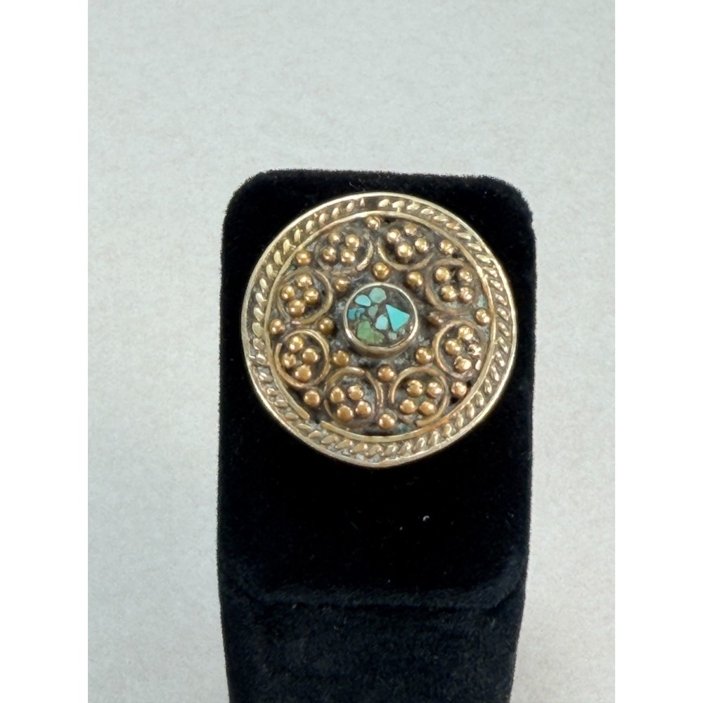 Vintage Mosaic Turquoise Inlay Round Ring Gold Tone Boho Statement Size 9.5